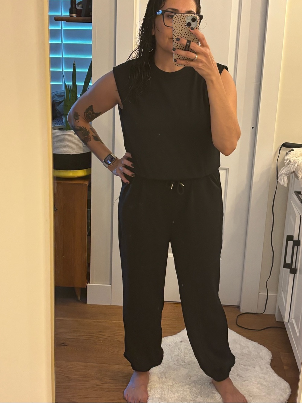 Women's Black Sleeveless Jumpsuit - Casual Drawstring Waist - Picture 10 of 10
